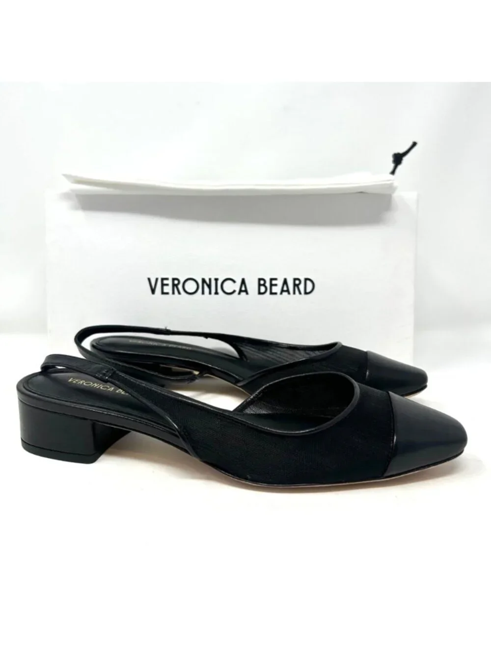 Veronica Beard Cecile Black Mesh Leather Cap Toe Slingback Heels Pumps 6.5M